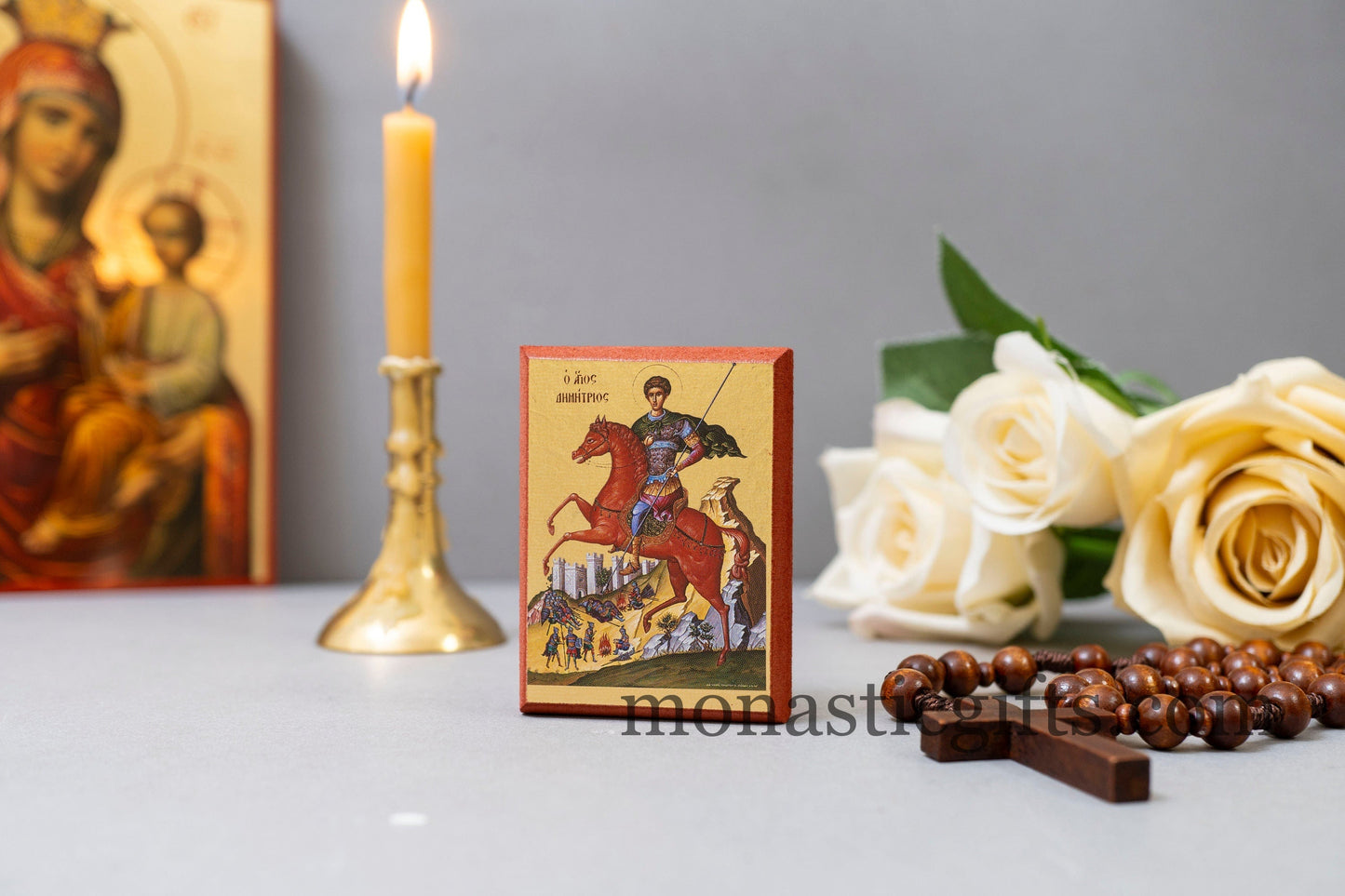 Small Wooden Icon with Saint Dimitrios - Demetrius - Δημητριος, Icon in Golden Leaf ,amazing idea for orthodox gift