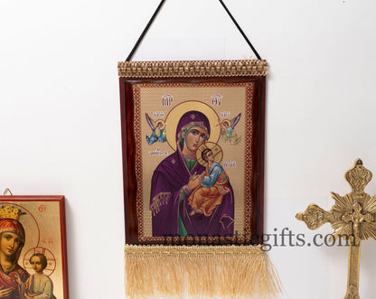 Christian wooden icon in a Embroidered  Banner with Virgin Mary , art wall hanging on wood plaque amazing idea for orthodox gift.