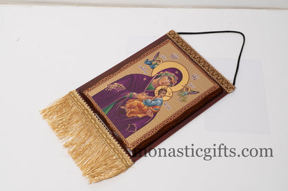 Christian wooden icon in a Embroidered  Banner with Virgin Mary , art wall hanging on wood plaque amazing idea for orthodox gift.