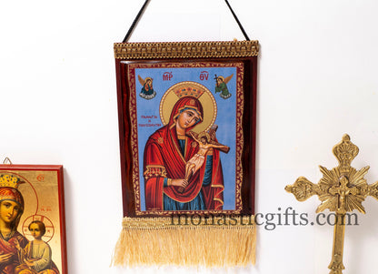 Christian wooden icon in a Embroidered  Banner with Virgin Mary , art wall hanging on wood plaque amazing idea for orthodox gift.