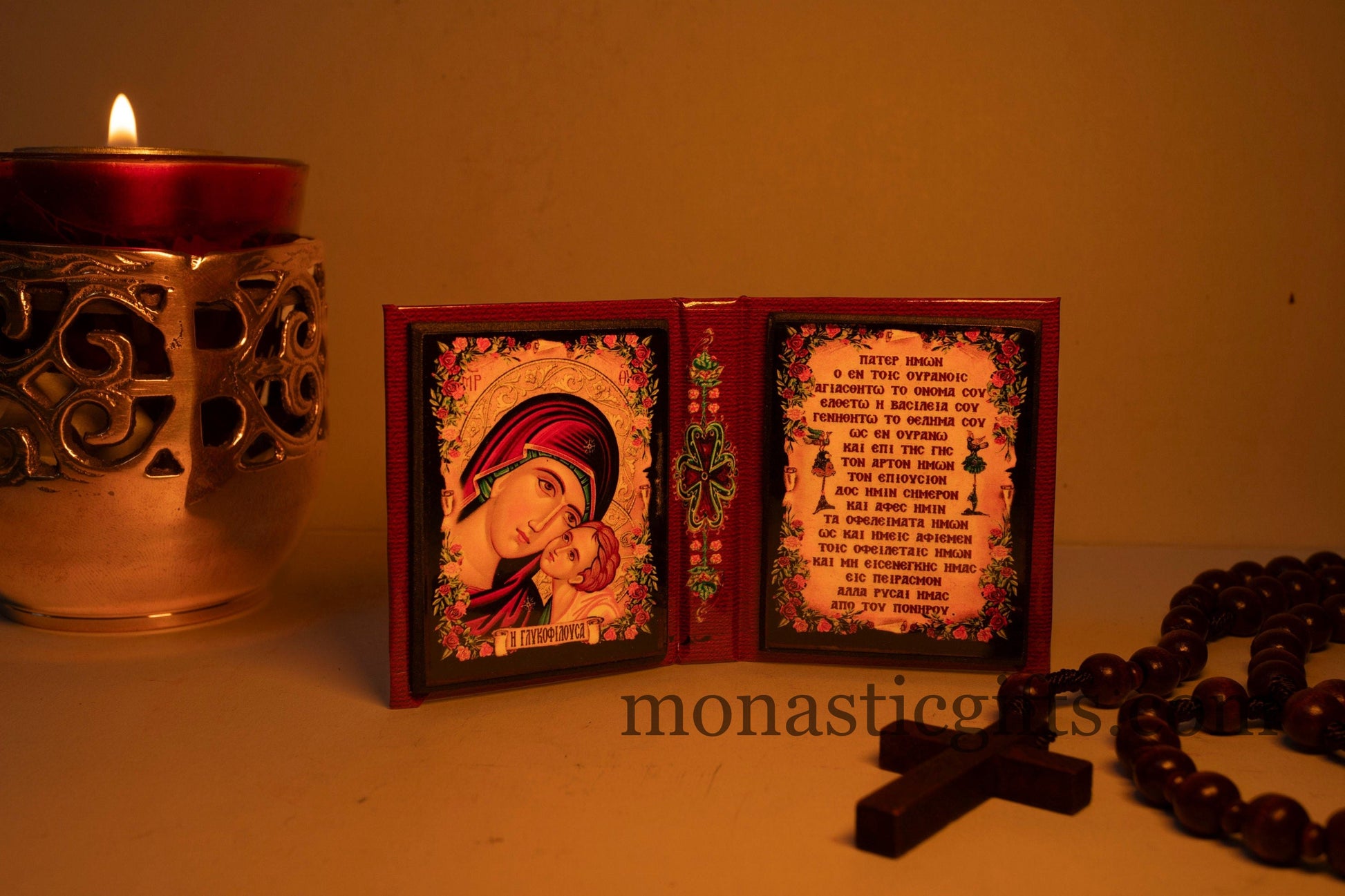 Handcrafted palm sized pocket Gospel style wooden folding diptych Orthodox icon of the Virgin Mary, Greek Lord's Prayer, and Archangel Michael for travel and home iconostasis