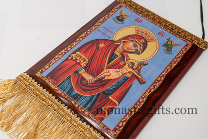 Christian wooden icon in a Embroidered  Banner with Virgin Mary , art wall hanging on wood plaque amazing idea for orthodox gift.