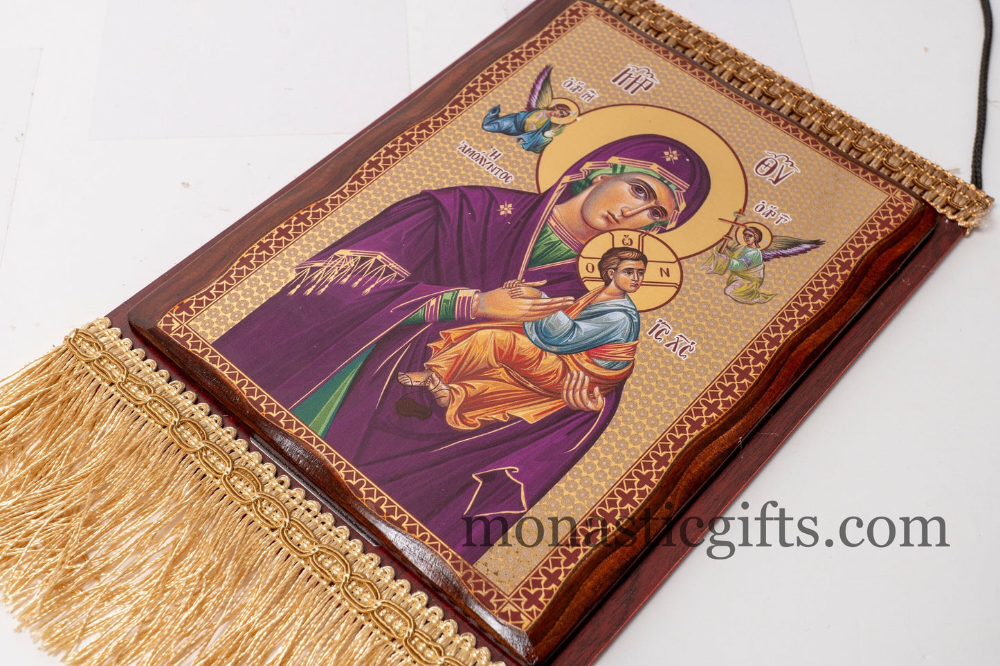 Christian wooden icon in a Embroidered  Banner with Virgin Mary , art wall hanging on wood plaque amazing idea for orthodox gift.