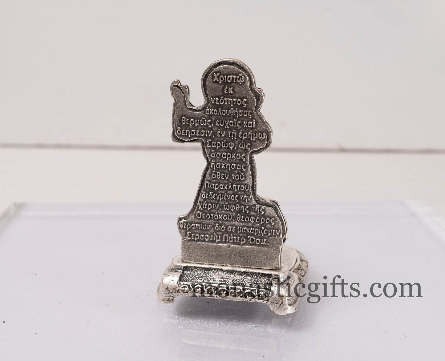 Carved Candlestick Candle Holder with a praying saint and prayer on the back 100% Authentic