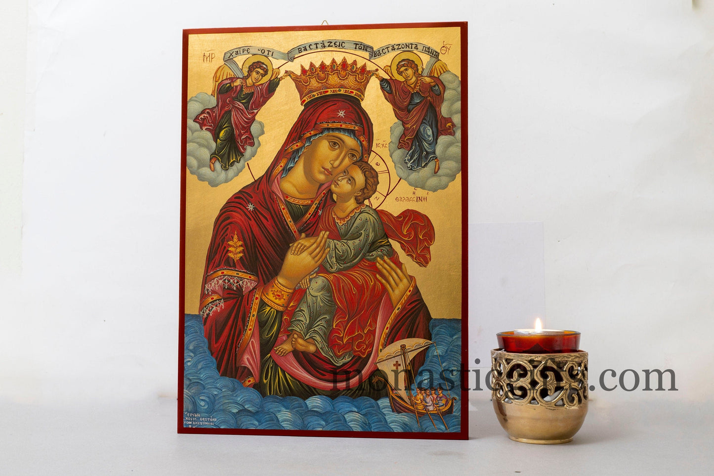 Byzantine wooden Icon in Golden leaf, of Virgin Mary of sea (Thalassini - Θαλασσινη) ,home gift