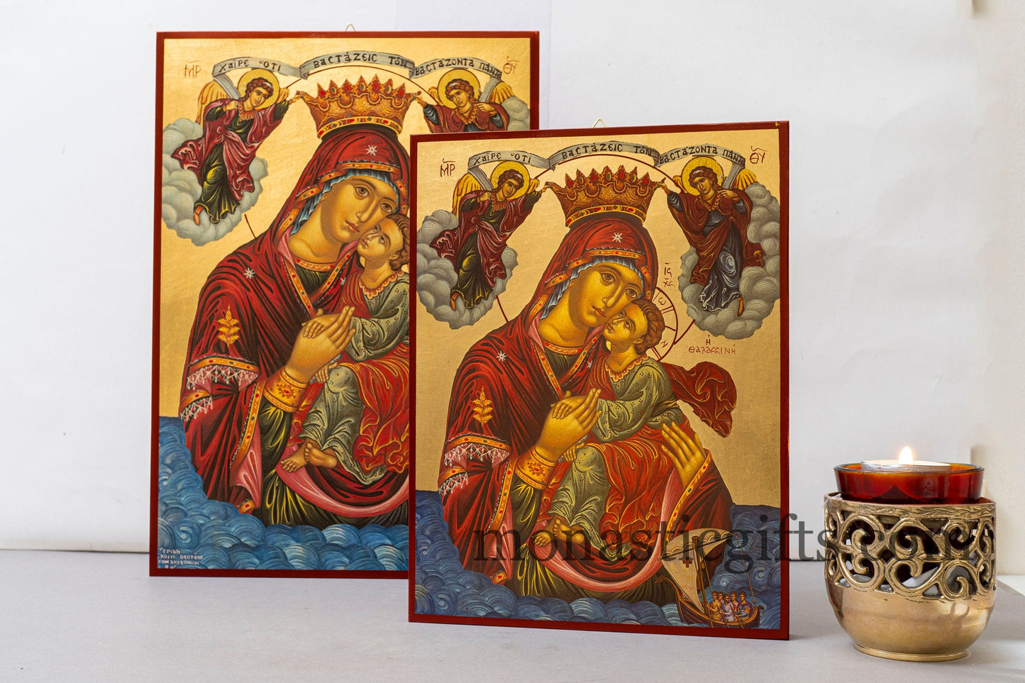 Byzantine wooden Icon in Golden leaf, of Virgin Mary of sea (Thalassini - Θαλασσινη) ,home gift