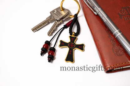 Christian keychain in the shape of a cross, embroidered fabric with the symbols of Jesus Christ. ,a perfect Religious Gift for Christians.