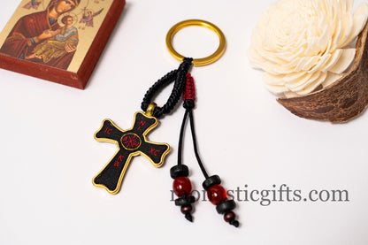 Christian keychain in the shape of a cross, embroidered fabric with the symbols of Jesus Christ. ,a perfect Religious Gift for Christians.