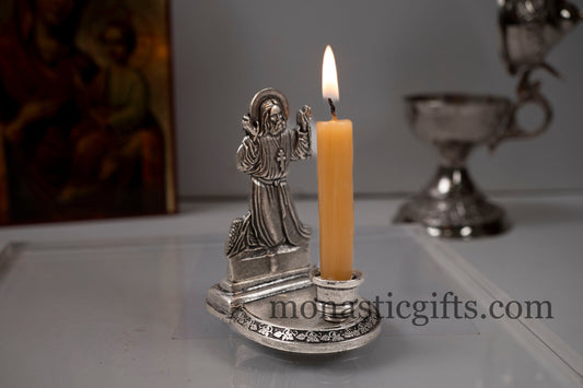 Carved Candlestick Candle Holder with a praying saint and prayer on the back 100% Authentic