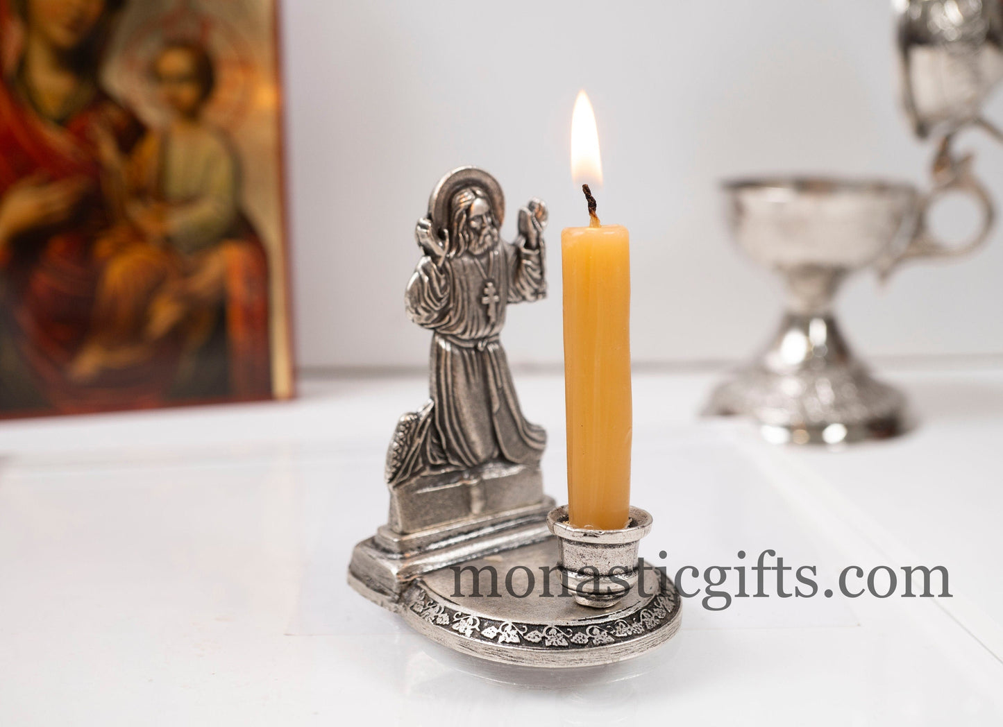 Carved Candlestick Candle Holder with a praying saint and prayer on the back 100% Authentic