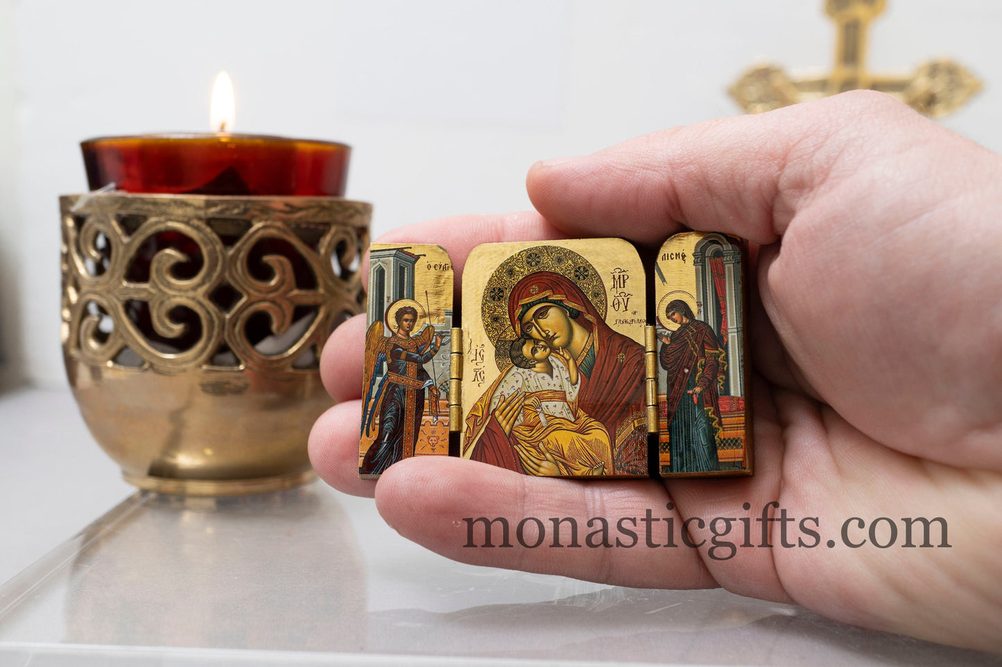 Triptych small  wooden Icon with  The Virgin Mary Sweetkisses and The Annunciation of the Virgin Mary at the doors, Home Decor,Orthodox Gift