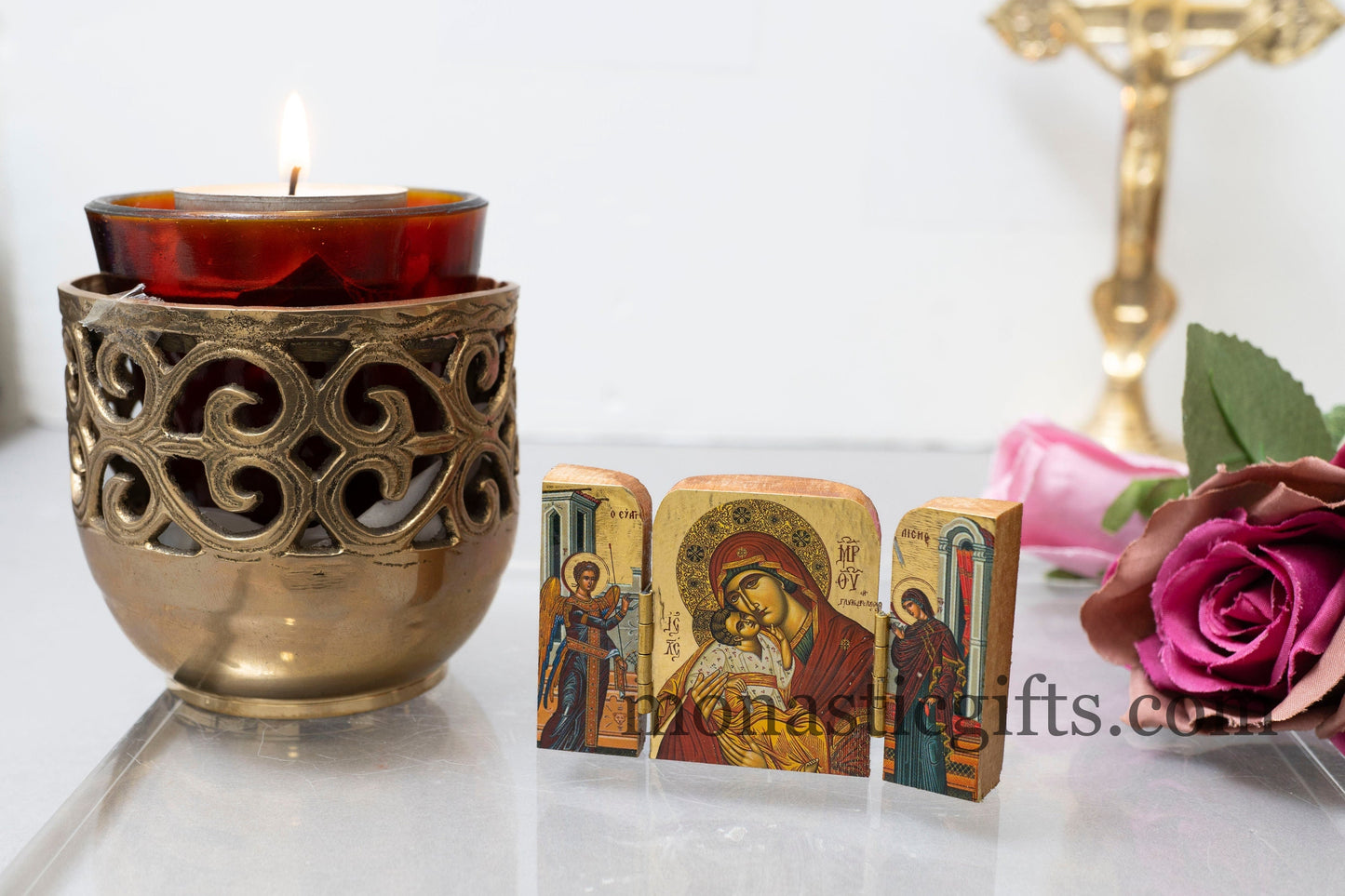 Triptych small  wooden Icon with  The Virgin Mary Sweetkisses and The Annunciation of the Virgin Mary at the doors, Home Decor,Orthodox Gift