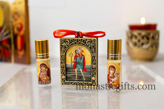 Double sided Icon With Virgin Mary and Saint Christopher in Christian Gift Set with Holy water - Anointing Oil and  A perfect Gift for All.