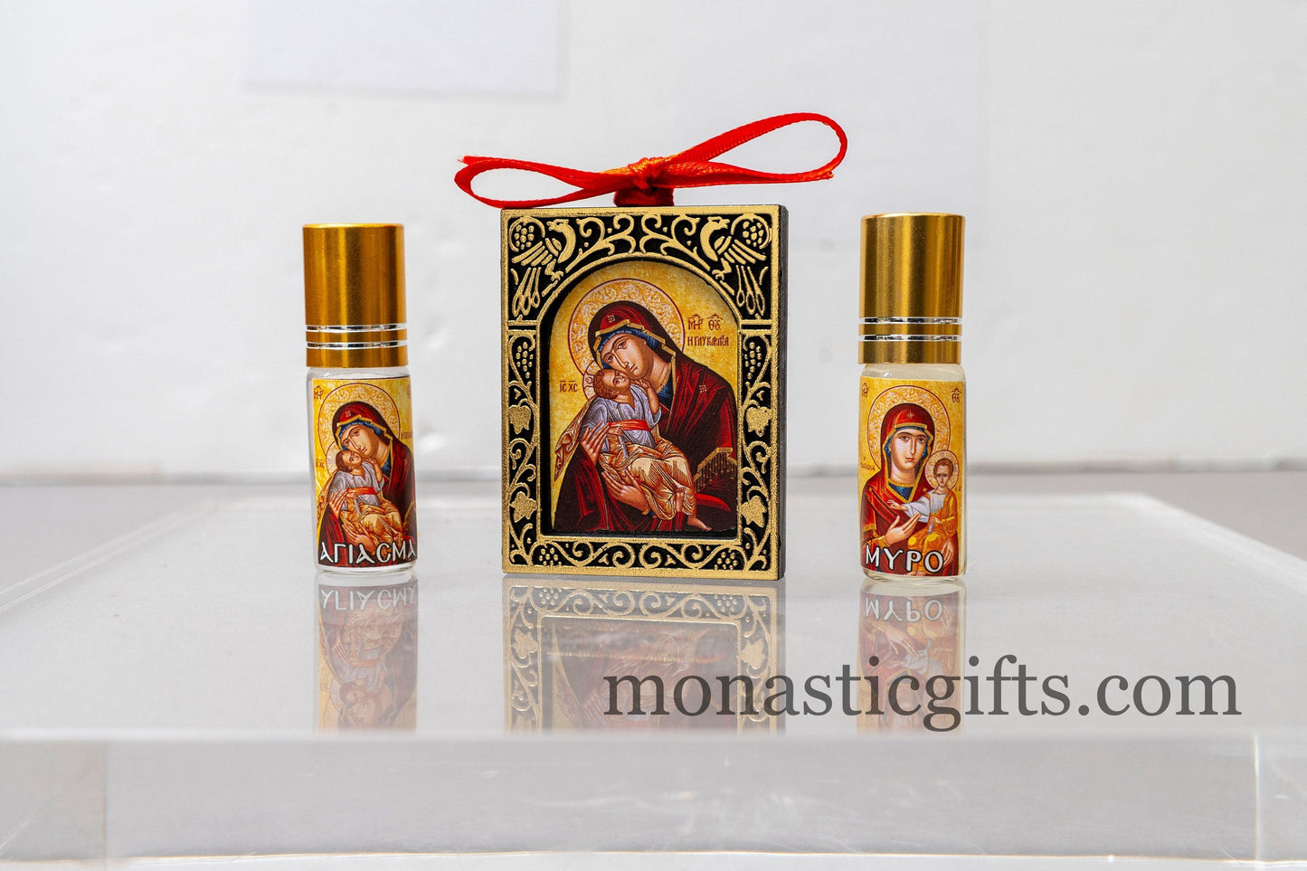 Double sided Icon With Virgin Mary and Saint Christopher in Christian Gift Set with Holy water - Anointing Oil and  A perfect Gift for All.