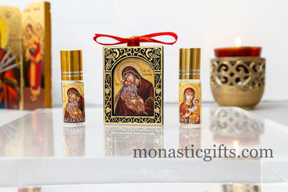 Double sided Icon With Virgin Mary and Saint Christopher in Christian Gift Set with Holy water - Anointing Oil and  A perfect Gift for All.