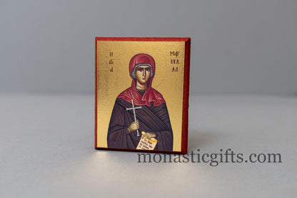 Small Wooden icon with Saint Markella Agia Markella In Golden leaf with a velvet pouch, wall hanging amazing idea for orthodox gift