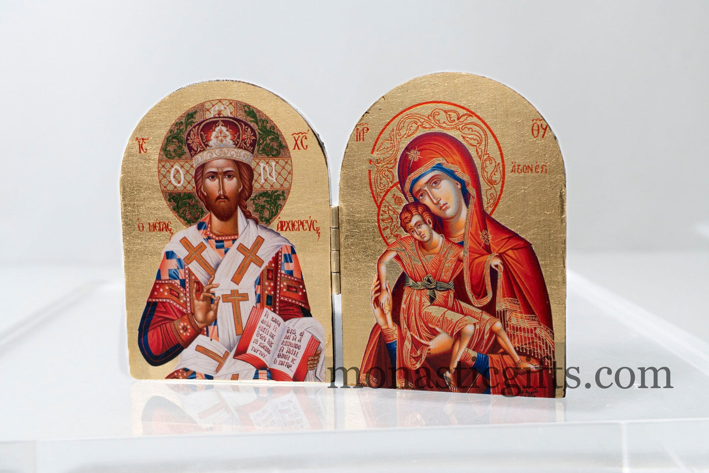 Carved wooden (ICXC ) Diptych Icon with Jesus Christ The Great High Priest and Virgin Mary.