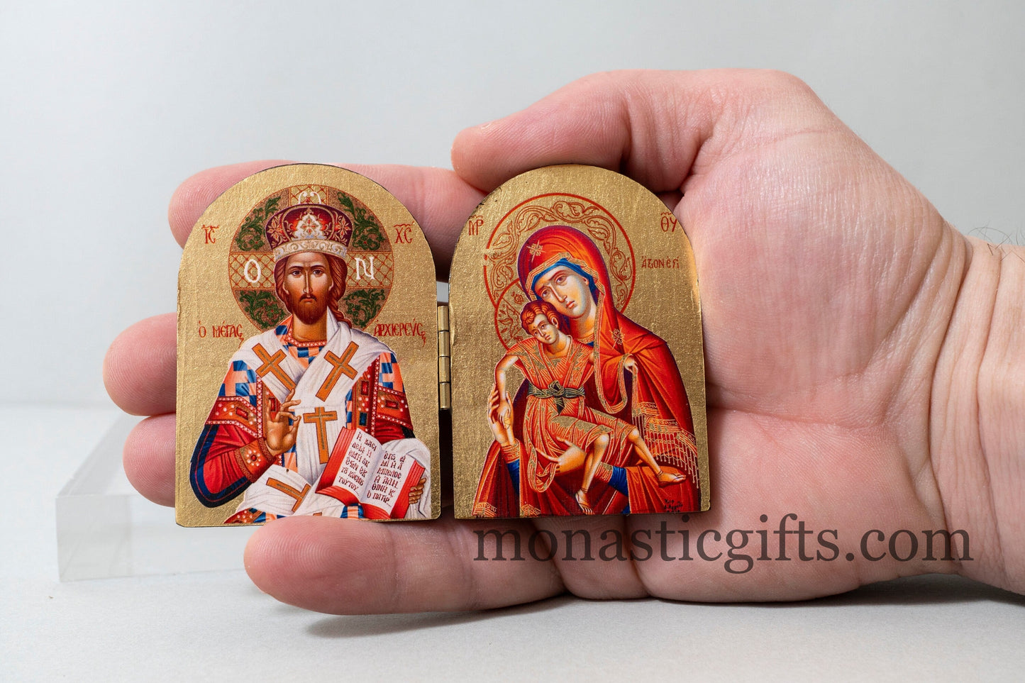 Carved wooden (ICXC ) Diptych Icon with Jesus Christ The Great High Priest and Virgin Mary.