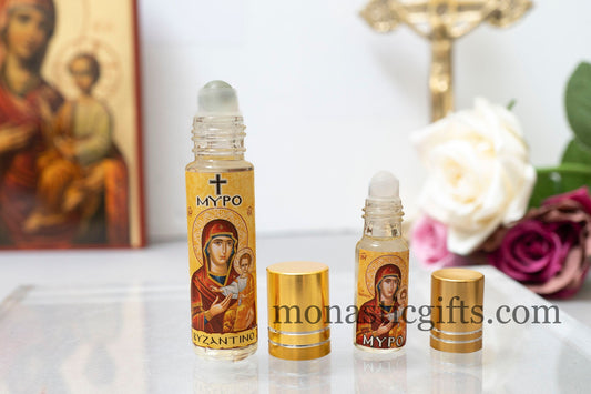 Myrrh anointing oil "BYZANTINO" with Virgin Mary Showing the Way from Greece ,Gift of faith, hope,love and healing to someone you care about