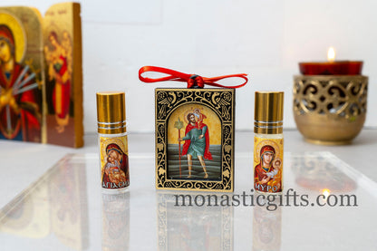 Double sided Icon With Virgin Mary and Saint Christopher in Christian Gift Set with Holy water - Anointing Oil and  A perfect Gift for All.