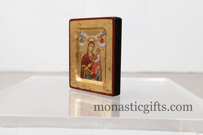 Wooden Icon with Theotokos (Gorgoipikoos) with Aging Technique, on Golden Leaf Authentic art in a gold leaf With superior details.