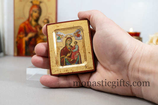 Wooden Icon with Theotokos (Gorgoipikoos) with Aging Technique, on Golden Leaf Authentic art in a gold leaf With superior details.