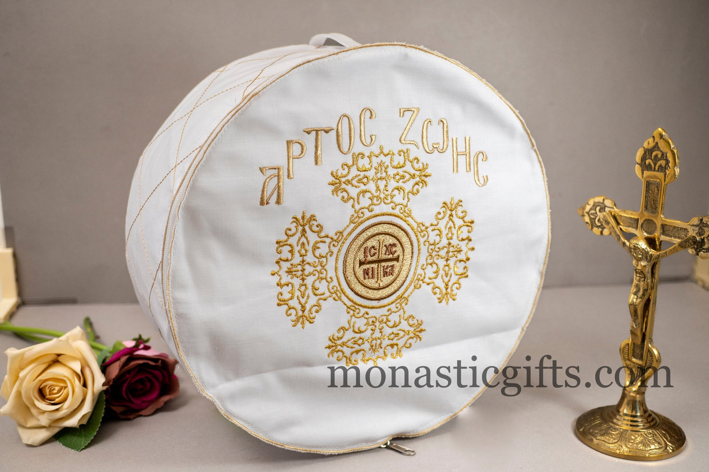 Embroidered Cotton Case for Prosphora, bread pouch , decorated with orthodox ICXC  Embroideries. Orthodox CommunionAntidoron.