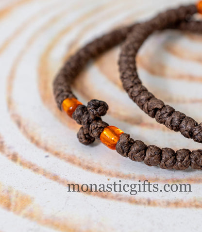 Authentic Komboskini in Brown Color 1Pcs - Greek Orthodox Prayer Bracelet, Spiritual Prayer Rope -Thread  waxed thin with clear Orange beads