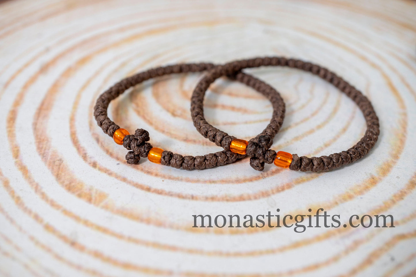 Authentic Komboskini in Brown Color 1Pcs - Greek Orthodox Prayer Bracelet, Spiritual Prayer Rope -Thread  waxed thin with clear Orange beads