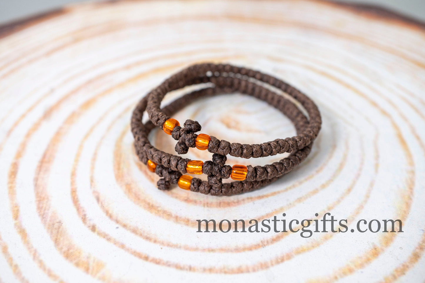 Authentic Komboskini in Brown Color 1Pcs - Greek Orthodox Prayer Bracelet, Spiritual Prayer Rope -Thread  waxed thin with clear Orange beads