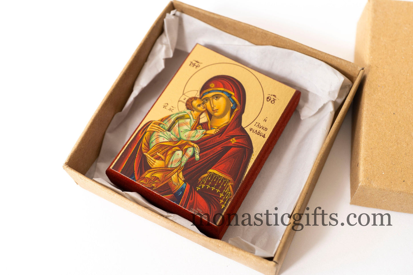 Small Wooden Orthodox icon with amazing details of Virgin Mary (Sweet kiss) In Golden leaf, wall hanging in a gift box ready to give.