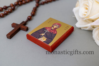 Small Wooden icon with Saint Markella Agia Markella In Golden leaf with a velvet pouch, wall hanging amazing idea for orthodox gift