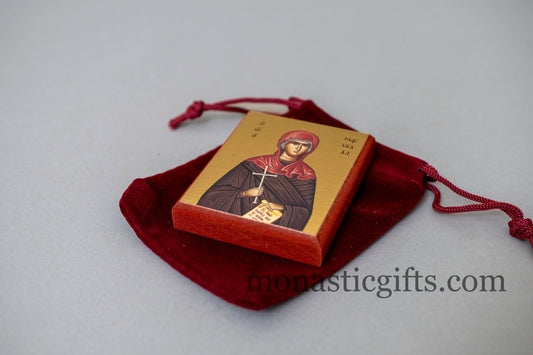 Small Wooden icon with Saint Markella Agia Markella In Golden leaf with a velvet pouch, wall hanging amazing idea for orthodox gift