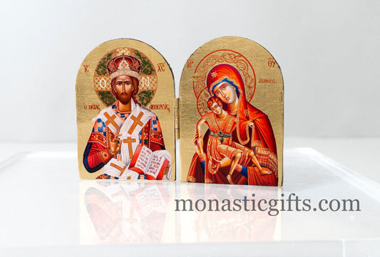 Carved wooden (ICXC ) Diptych Icon with Jesus Christ The Great High Priest and Virgin Mary.