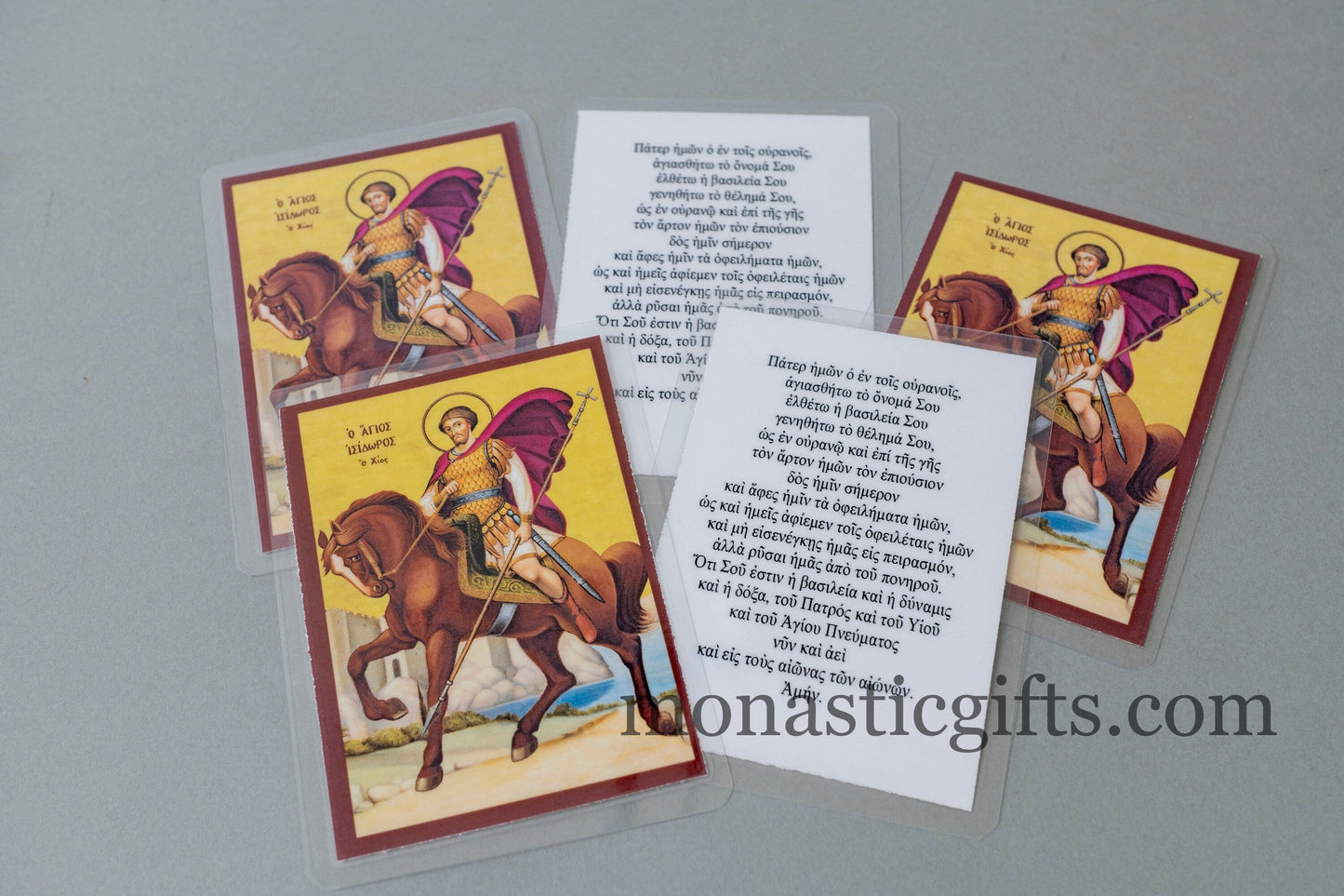 Laminated icon prayer cards with Saint Isidoros and the Lord's Prayer from behind ,set of 10 Prayer holy cards, pocket size printed icons