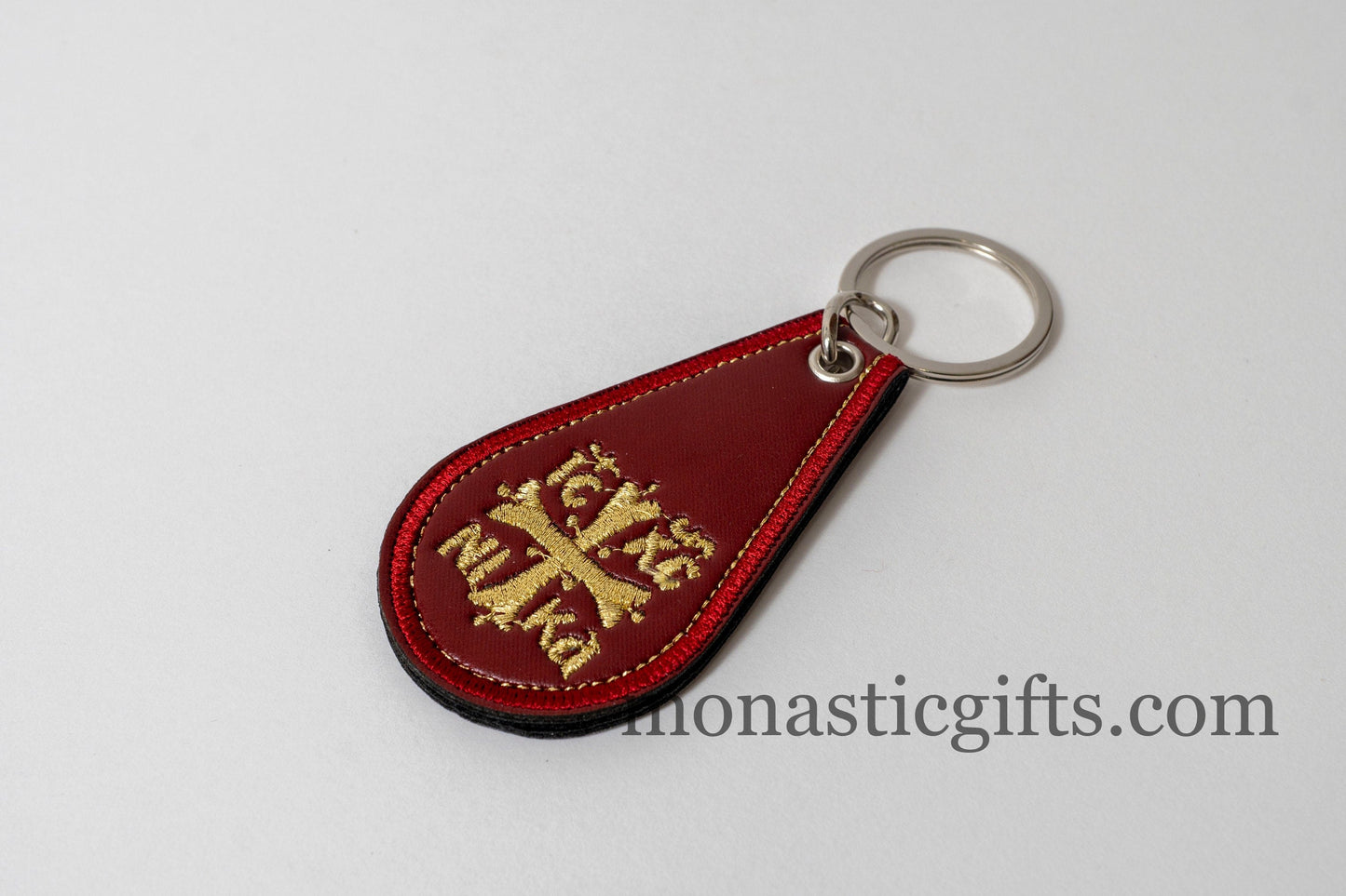 Christian Double Sided Gold Embroidered Leathel and Fabric Keyring with ICXC  on One Side and Prayer on the Other