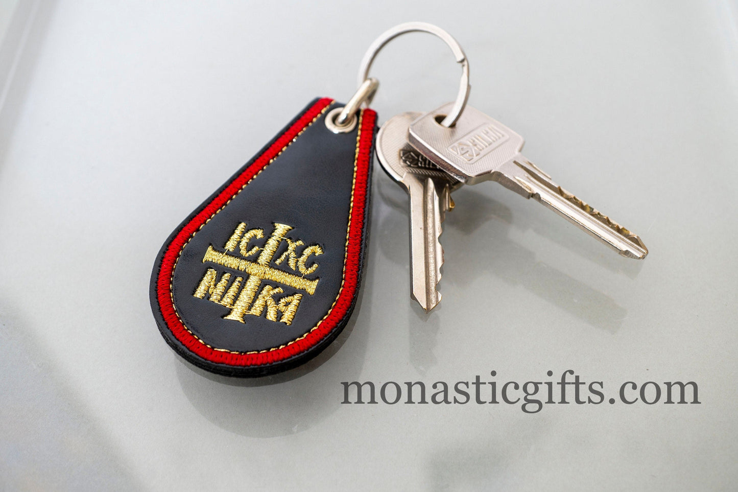 Christian Double Sided Gold Embroidered Leathel and Fabric Keyring with ICXC  on One Side and Prayer on the Other