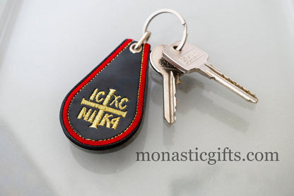 Christian Double Sided Gold Embroidered Leathel and Fabric Keyring with ICXC  on One Side and Prayer on the Other