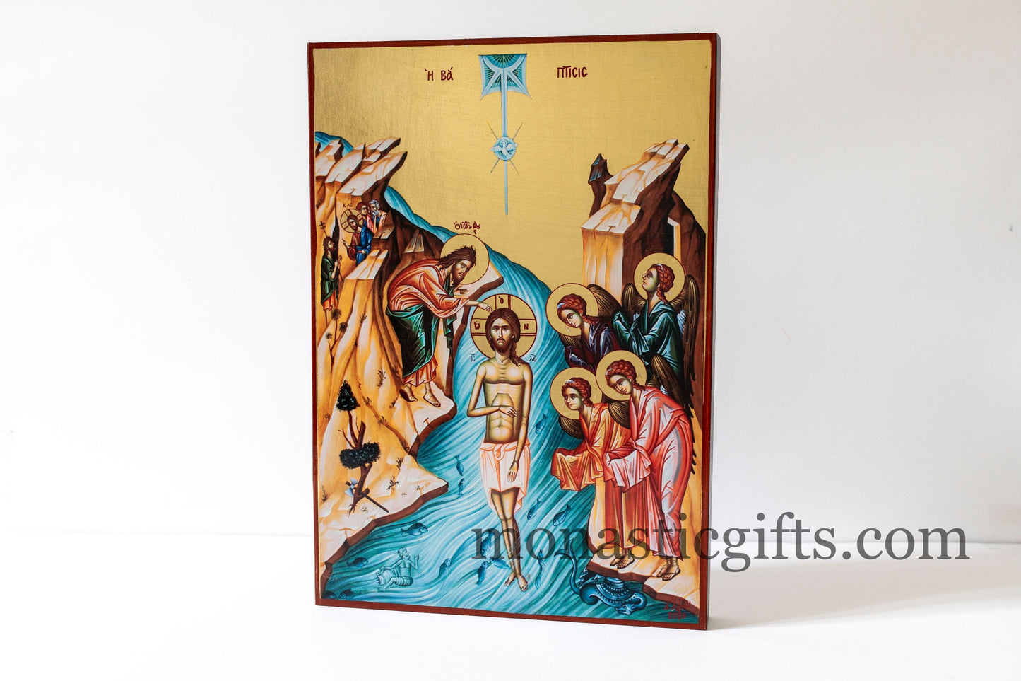 Byzantine wooden Icon in Golden leaf, The Baptism of Jesus Christ icon, Byzantine icon , home gift