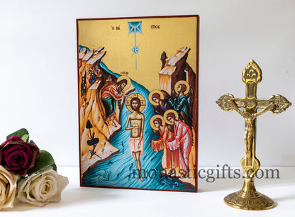 Byzantine wooden Icon in Golden leaf, The Baptism of Jesus Christ icon, Byzantine icon , home gift