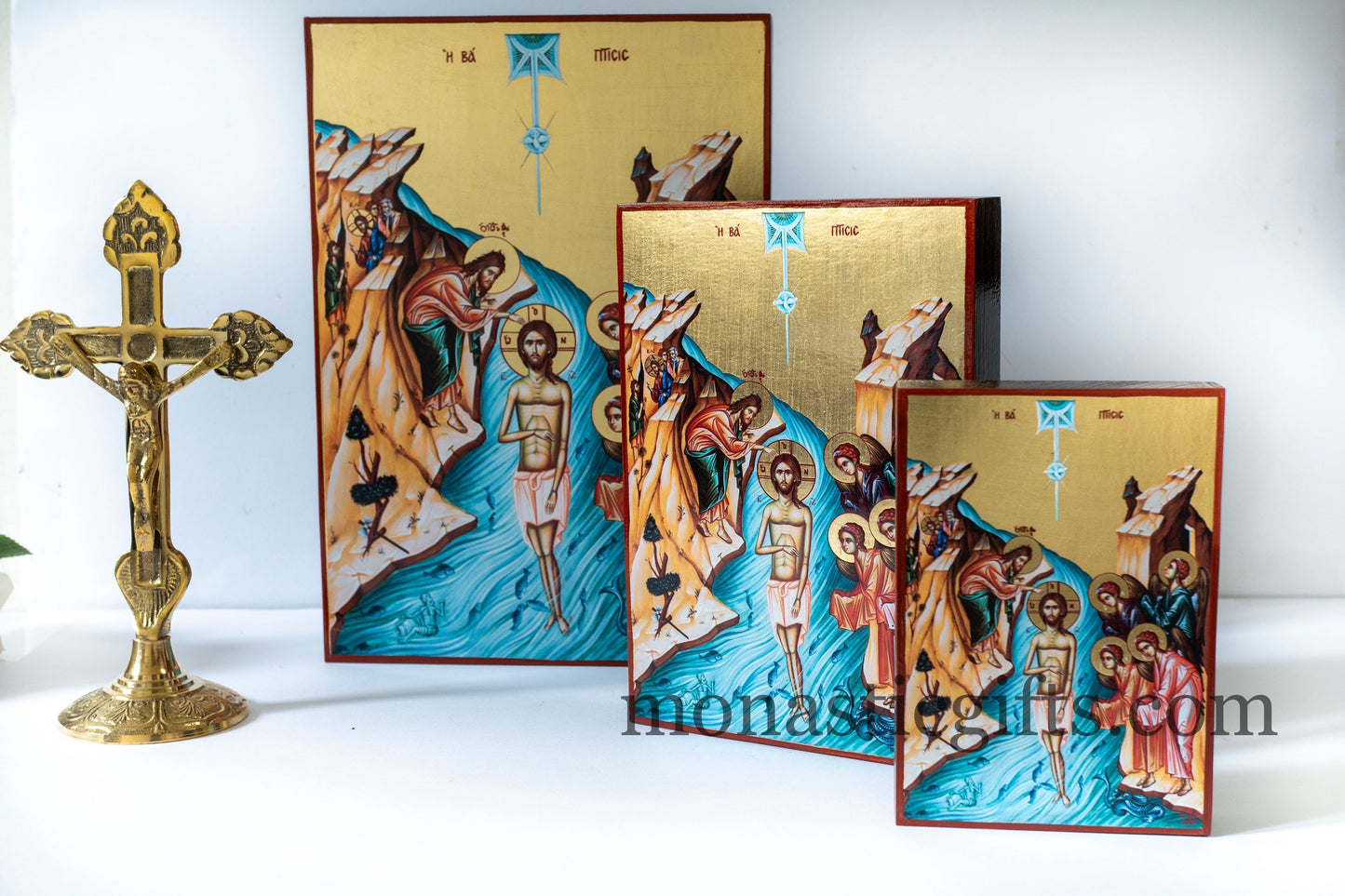 Byzantine wooden Icon in Golden leaf, The Baptism of Jesus Christ icon, Byzantine icon , home gift