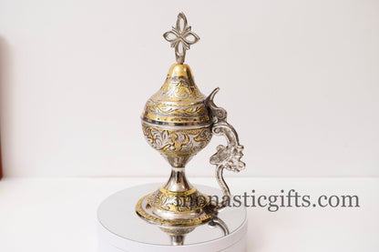 Authentic Heavy and Big Incense Burner Brass Nickel, Handmade - Thurible Censer Metal Little Church with handle and free Gifts