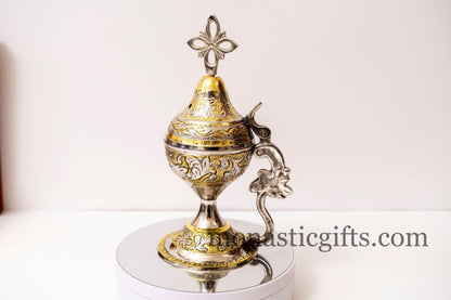 Authentic Heavy and Big Incense Burner Brass Nickel, Handmade - Thurible Censer Metal Little Church with handle and free Gifts