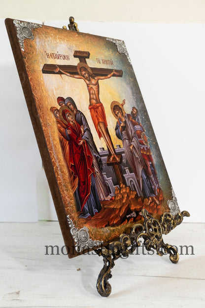 Christian Huge Wooden icon (35 x 45 cm ) With The Crucifixion of Jesus ,superior quality cm Byzantine icon, express Shipping 5-8 Days