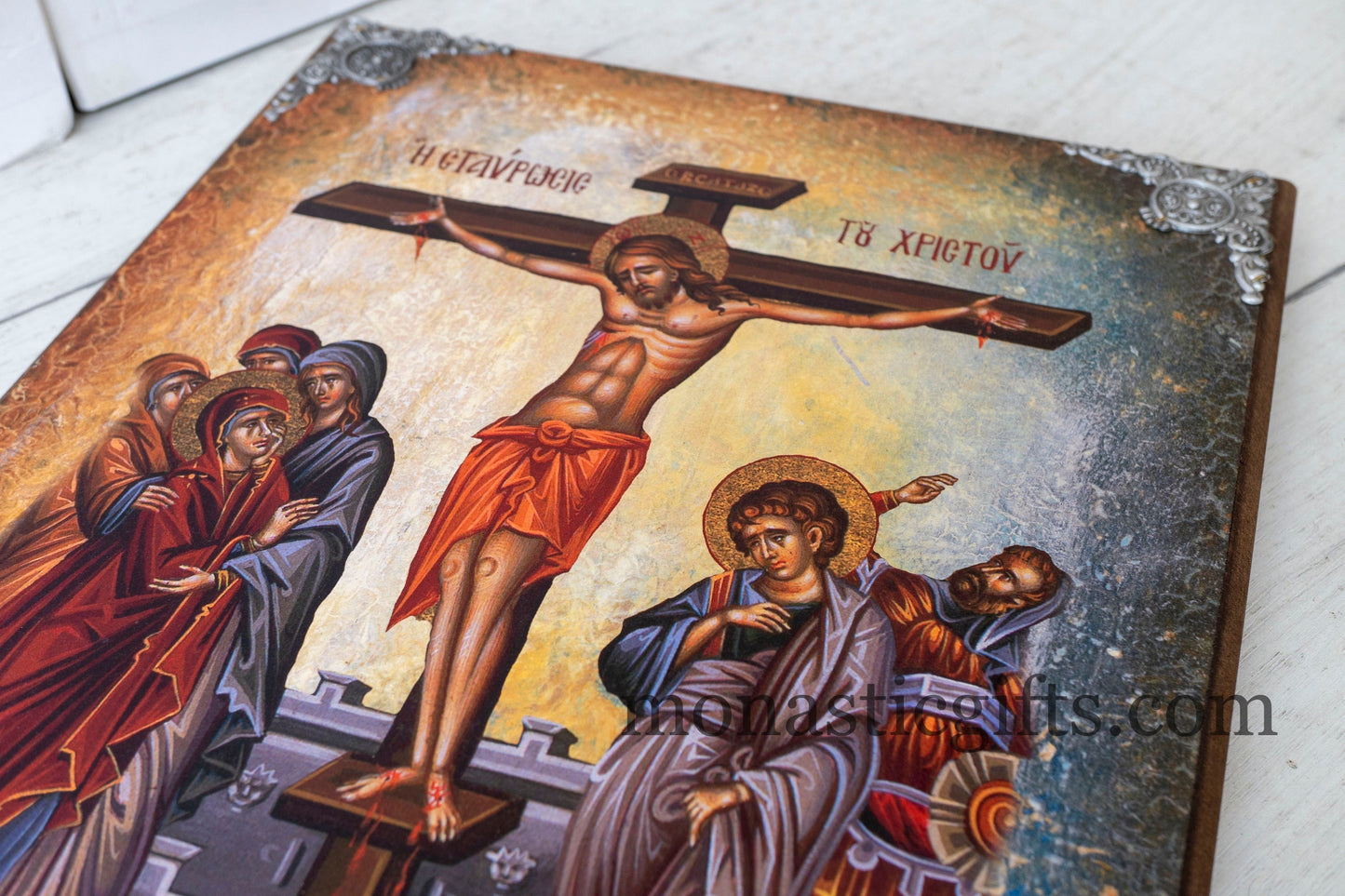 Christian Huge Wooden icon (35 x 45 cm ) With The Crucifixion of Jesus ,superior quality cm Byzantine icon, express Shipping 5-8 Days