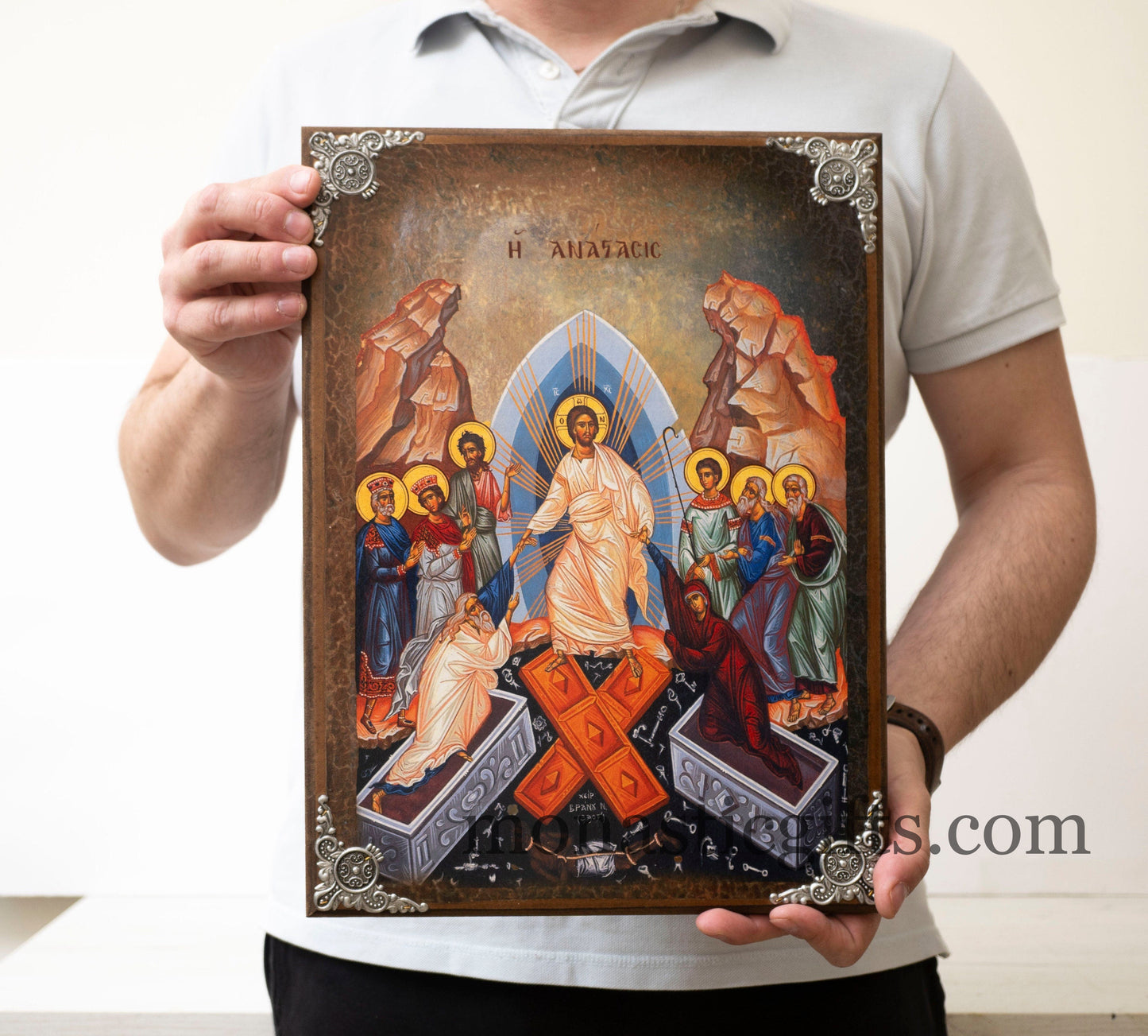 Christian Huge Wooden icon (35 x 45 cm ) With The Ressurection  of Jesus ,superior quality cm Byzantine icon, express Shipping 5-8 Days