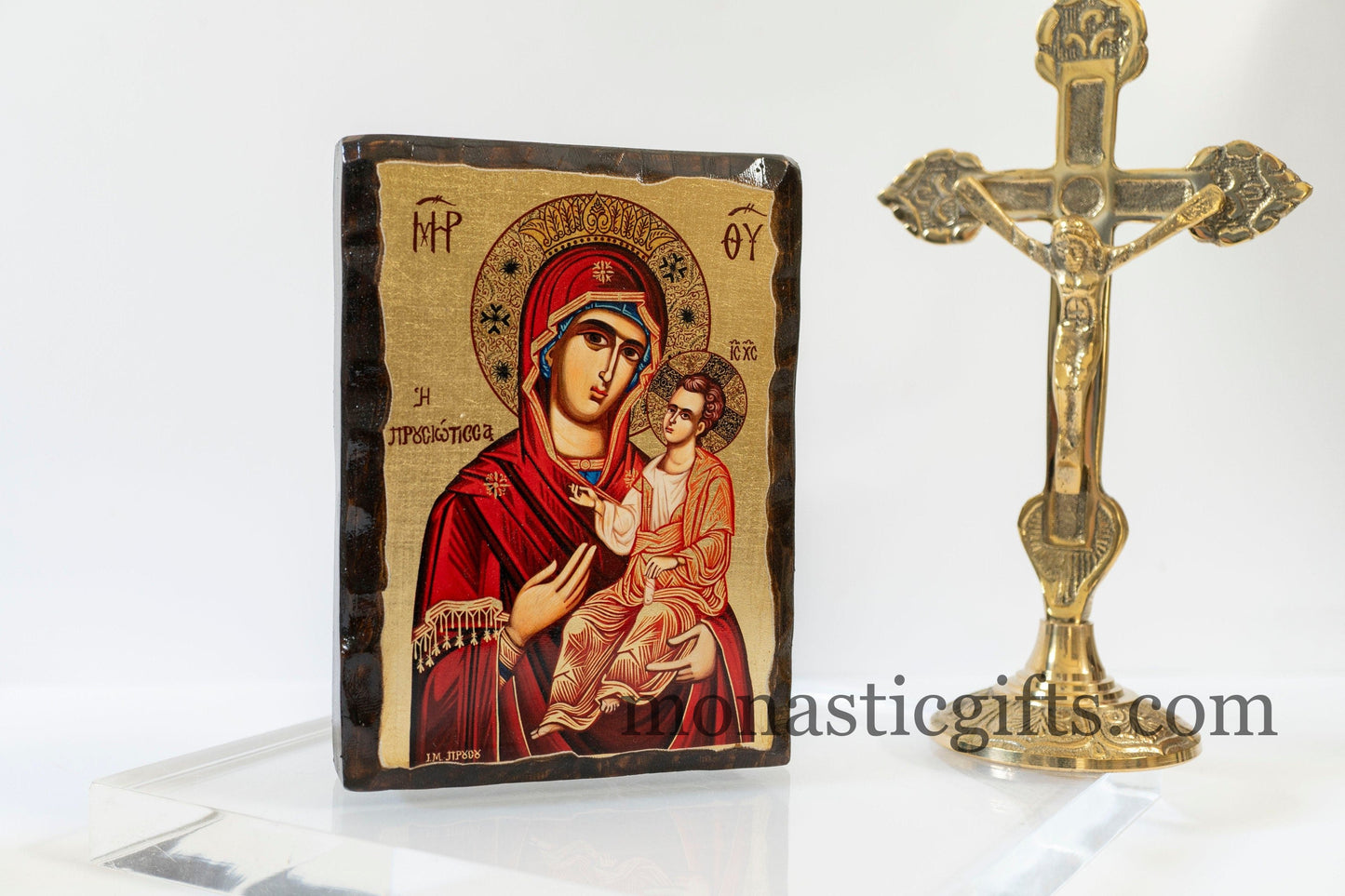 Christian Icon with Virgin Mary Prousiotissa in pure wooden frame Silk Screen Serigraph Icon Based on Byzantine Art wall hanging icon.