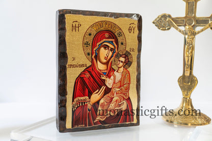 Christian Icon with Virgin Mary Prousiotissa in pure wooden frame Silk Screen Serigraph Icon Based on Byzantine Art wall hanging icon.