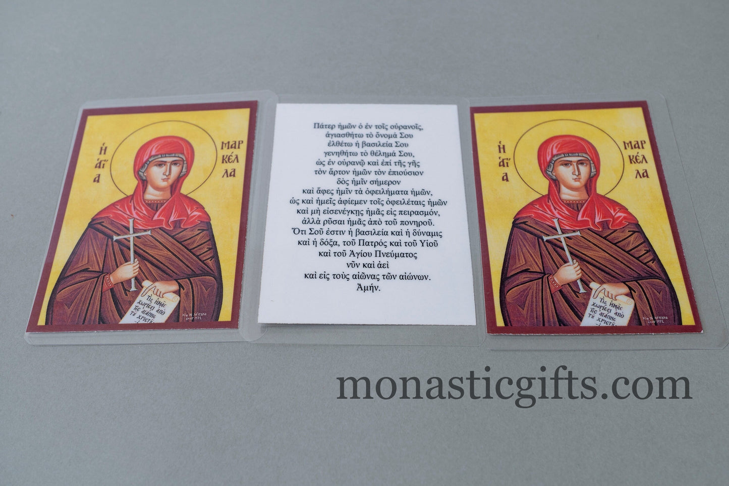 Laminated icon prayer cards with Agia Markella -Saint Marcella and the Lord's Prayer from behind ,set of 10 Prayer holy cards, pocket size