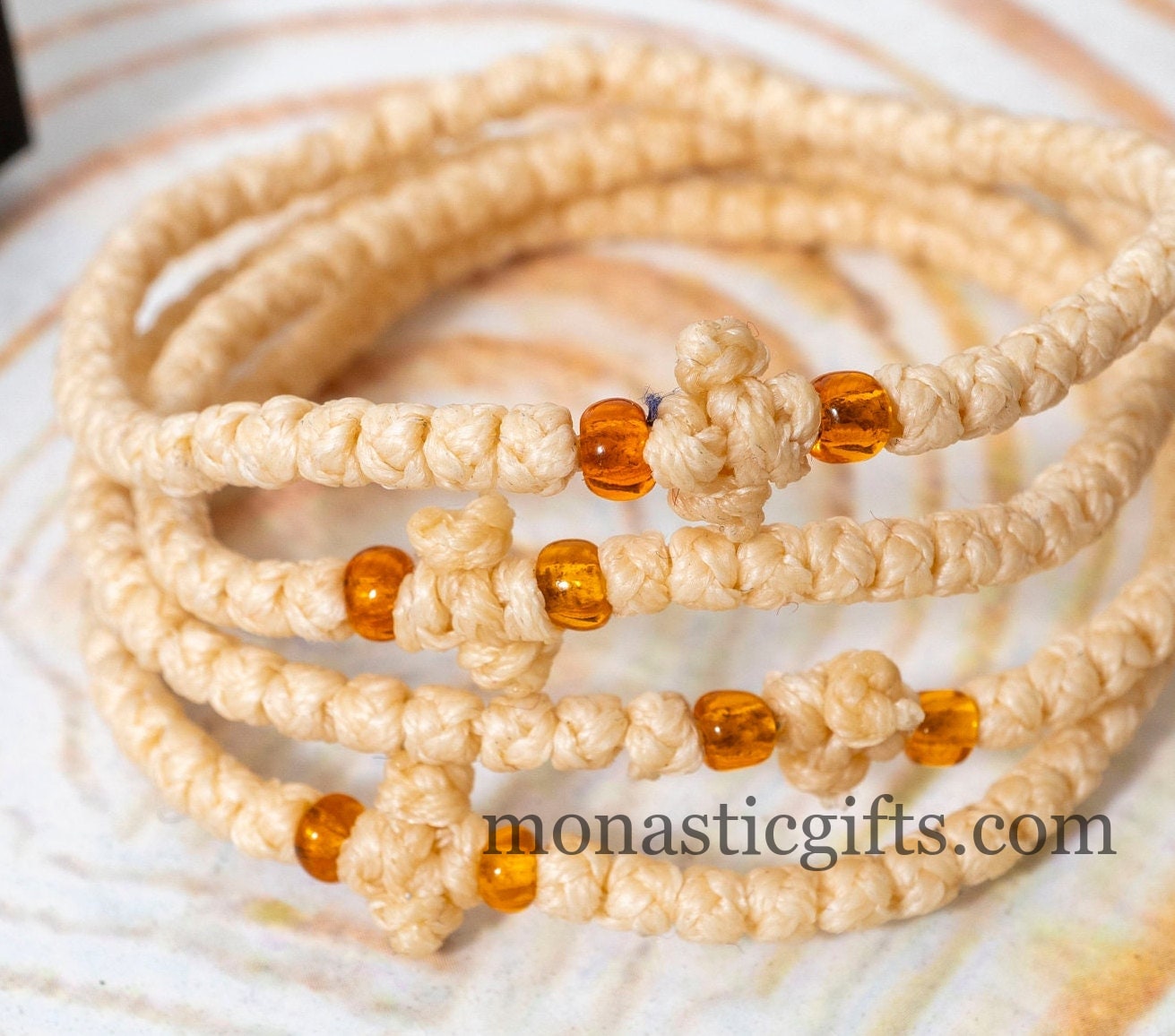 Authentic Komboskini in Light Brown (caramel) Color 1Pcs - Greek Prayer Bracelet, Spiritual Prayer Rope-Thread waxed with clear Orange beads